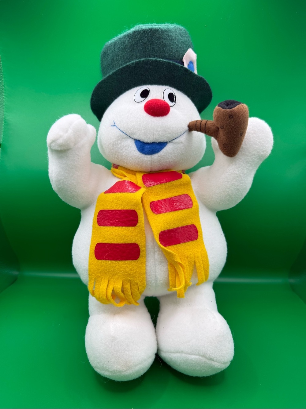 Singing Frosty the Snowman White Snowman Plush with Yellow Scarf and Green hat